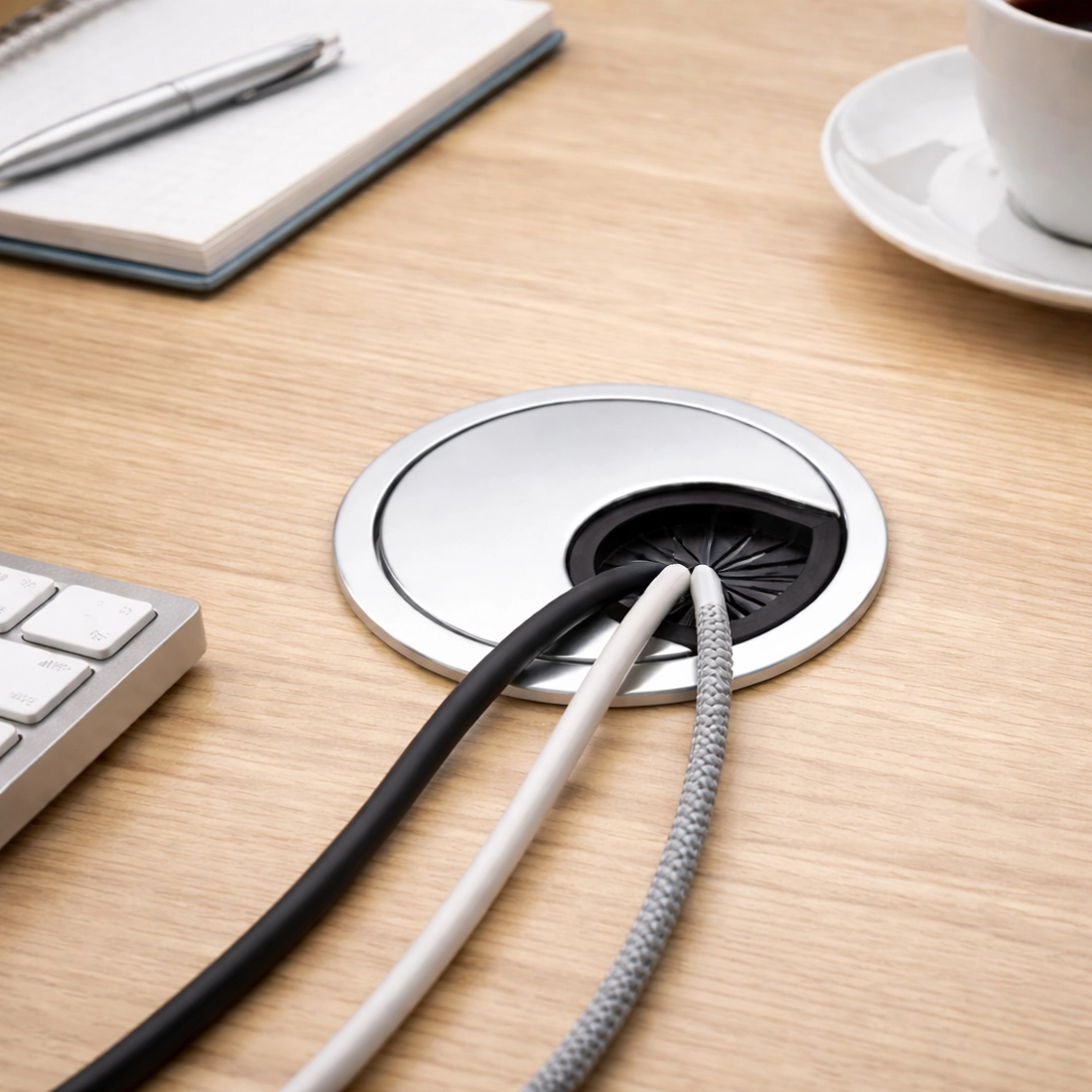 przepust kablowy 55mm, przepust do biurka metalowy, spacetronik przepust kabli, maskownica kabli biurkowa, przepust kablowy srebrny, przepust kablowy czarny, organizer kabli biurko