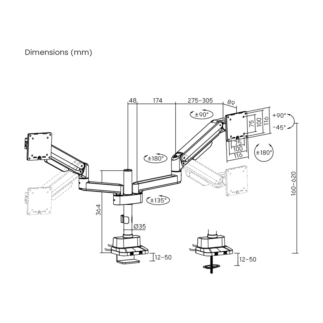 uchwyt do monitora z usb, uchwyt biurkowy 2 monitory, ramię do monitora 35 cali, uchwyt z usb-c, uchwyt z usb-a, uchwyt z regulacją wysokości, profesjonalne ramię do monitora, uchwyt spacetronik